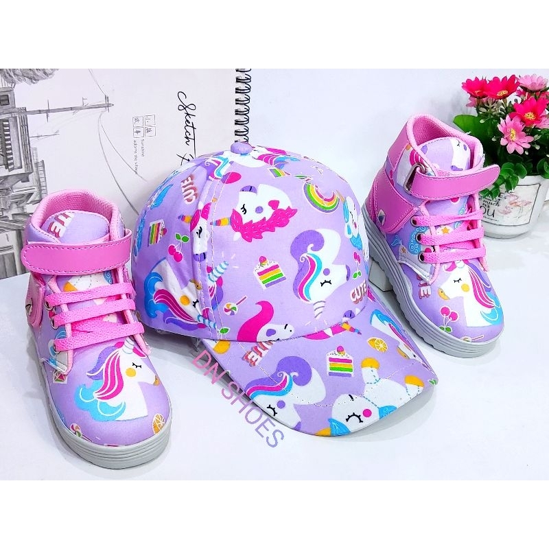 Paket Sepatu Anak Perempuan Topi Anak Lucu Paket Boots Anak Topi Pet Anak Karakter Unicorn Ungu Cute Usia 1 - 7 Tahun