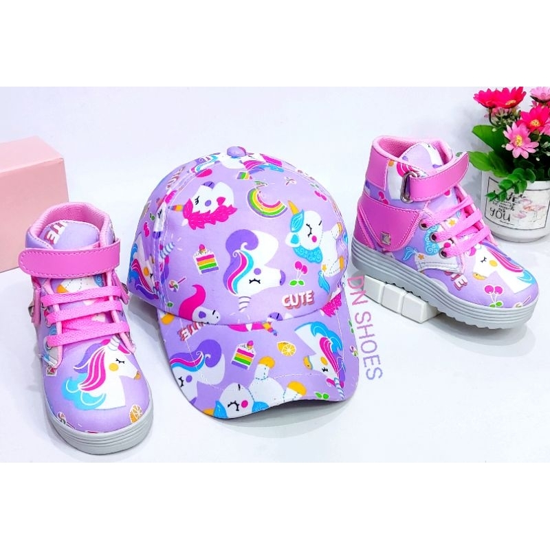 Paket Sepatu Anak Perempuan Topi Anak Lucu Paket Boots Anak Topi Pet Anak Karakter Unicorn Ungu Cute Usia 1 - 7 Tahun