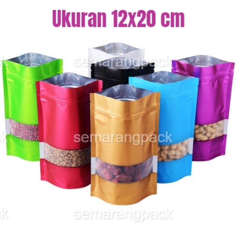 Kemasan plastik klip standing pouch window warna warni ukuran 12x20 (isi 50pcs)