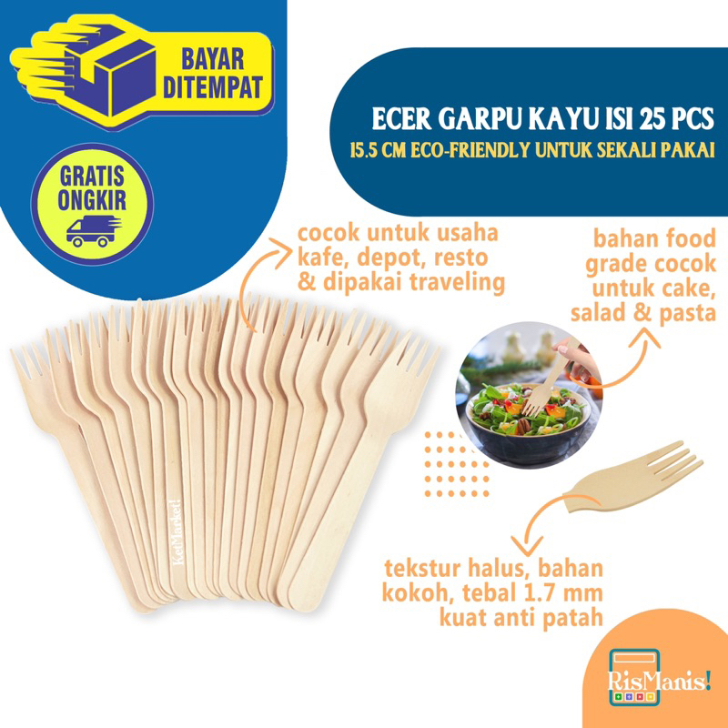 25 PCS ECO-FRIENDLY WOODEN FORK - Eceran 25 biji Garpu Kayu 15.5 cm Alat Makan Ecer Mie Salad Cake Buah Cutleries Portable Praktis Bahan Premium Kualitas Food Grade Ramah Lingkungan Tekstur Halus Cutlery Sekali Pakai