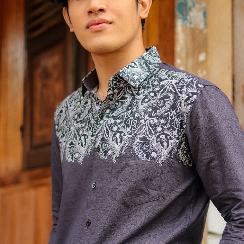 BatikBule Kemeja Batik Koko Slimfit Panjang Motif Casual Warna Abu LBL 2043