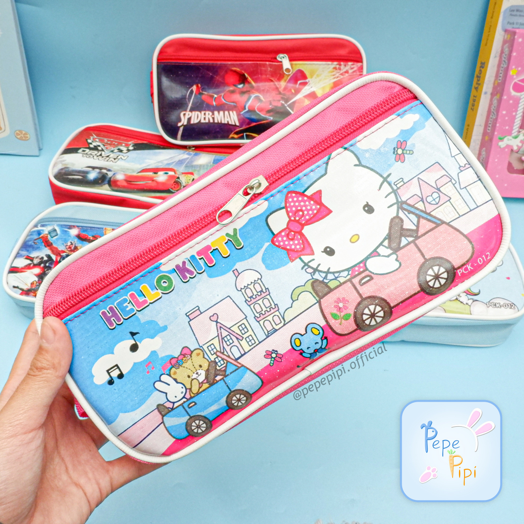 Kotak Pensil 2 Ruang PCK-012 Karakter Tempat Pensil Wadah Pensil Kostak Pouch makeup Kosmetik Pencil Case Spiderman Car Avengers Hello kitty Little Ponny Frozen