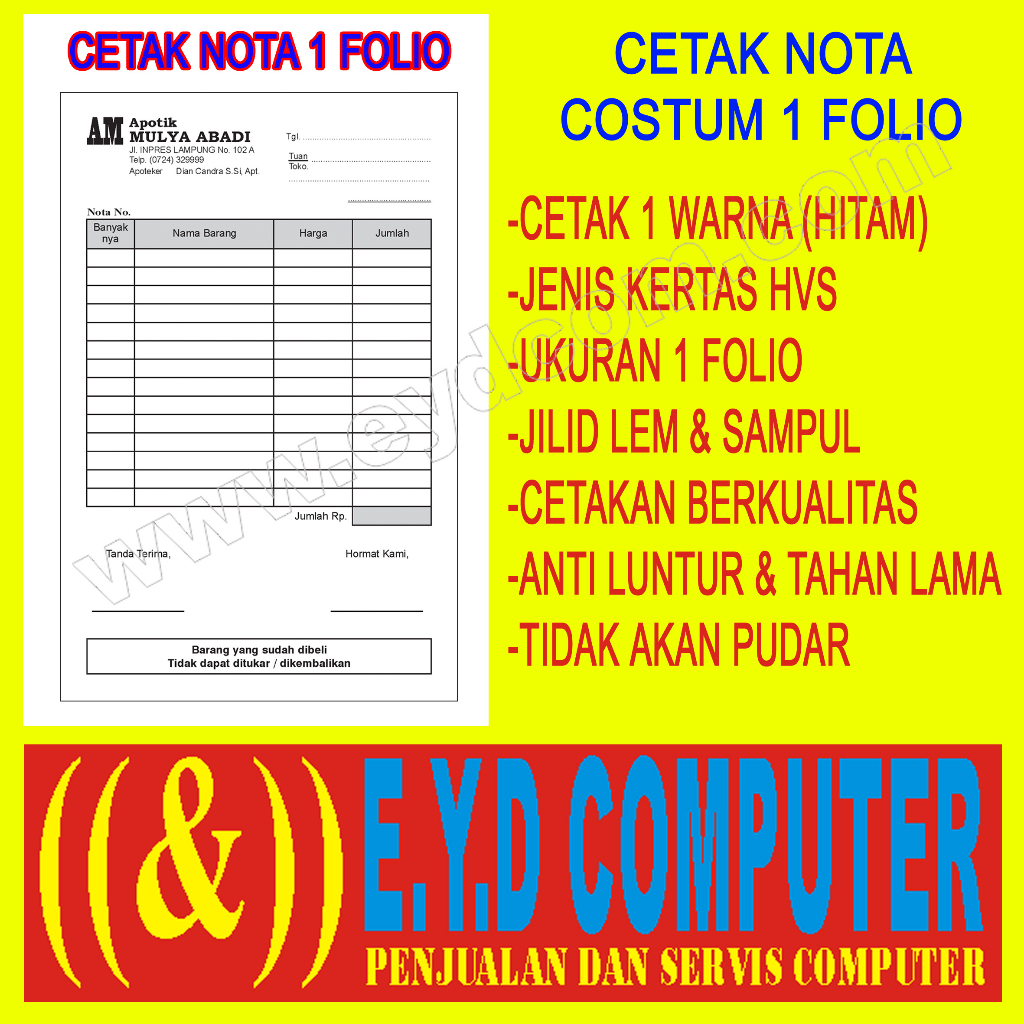 

CETAK NOTA 1 PLY 1 FOLIO HVS COSTUM ISI TANPA RANGKAP CEK BON KWITANSI SURAT JALAN