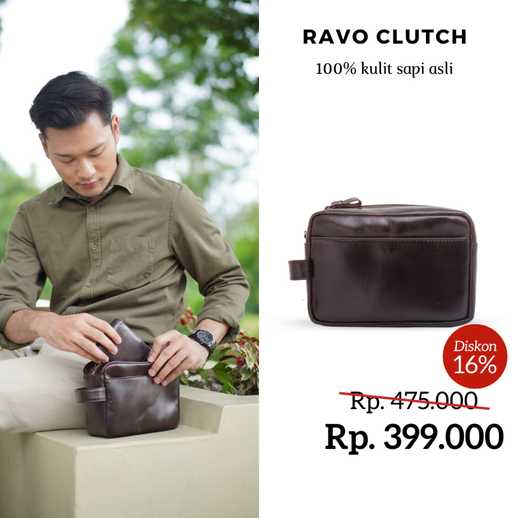 TAS TANGAN CLUTCH POUCH PRIA KULIT ASLI ORIGINAL 100% RAVO - HANDBAG KULIT - GRATIS CUSTOM UKIRAN NAMA