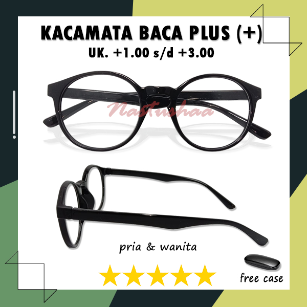 Kacamata Rabun Dekat (+) Uk. +1.00-+3.00 Untuk Pria dan Wanita Kacamata Baca Full Plus Bingkai Oval Hitam Unisex FREECASE