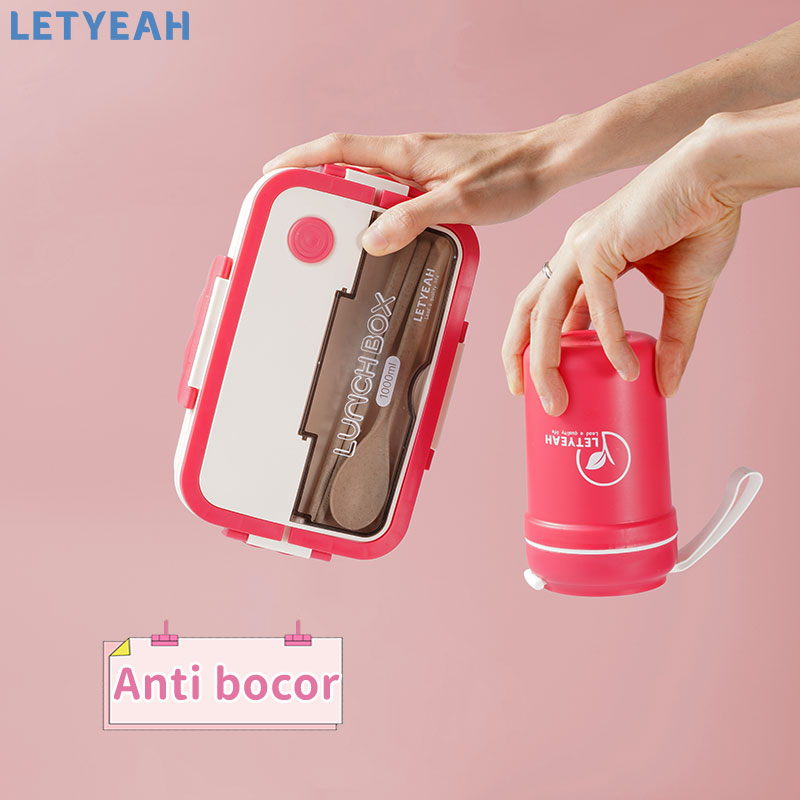 letyeah Lunch box set/1000ml wadah bekal bento bontot makan/tas bekal/mangkuk sup portabel/BPA free