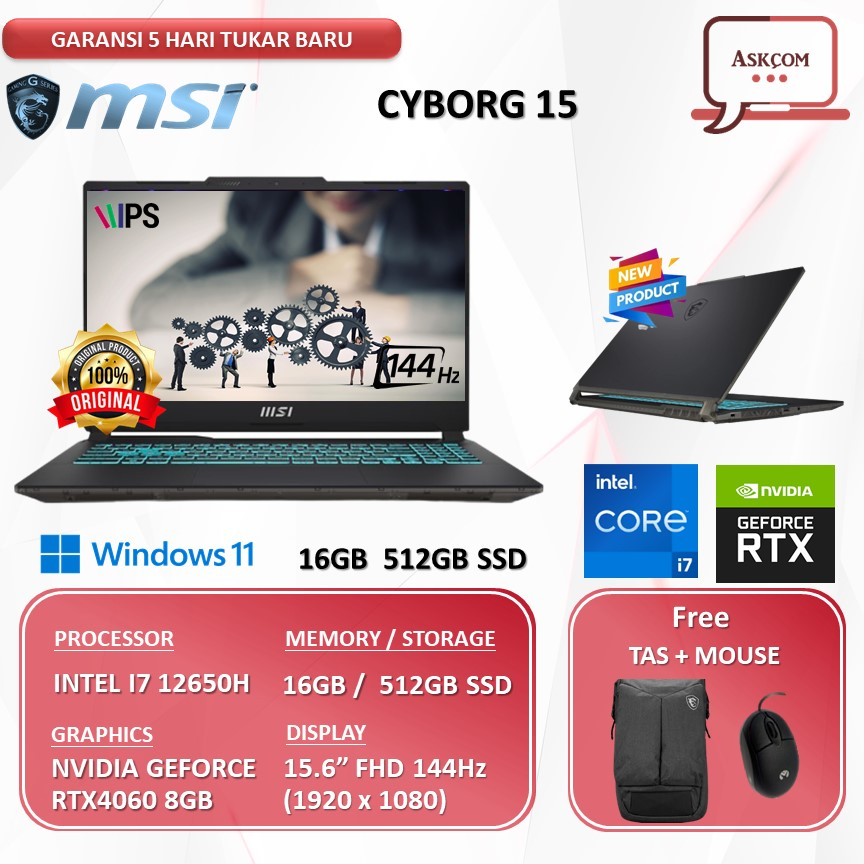 Laptop Gaming MSI CYBORG 15 RTX4060 8GB/ I7 12650H 16GB 512GB SSD W11 15.6FHD 144HZ BLIT A12VF.072