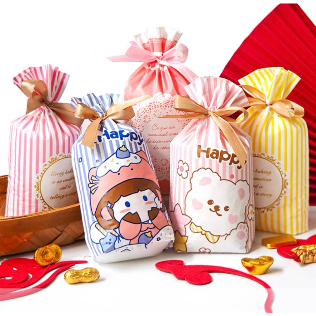 5 pcs DSM Kantong serut Drawstring Bag Plastik hadiah cookies permen kue goodie bag souvenir