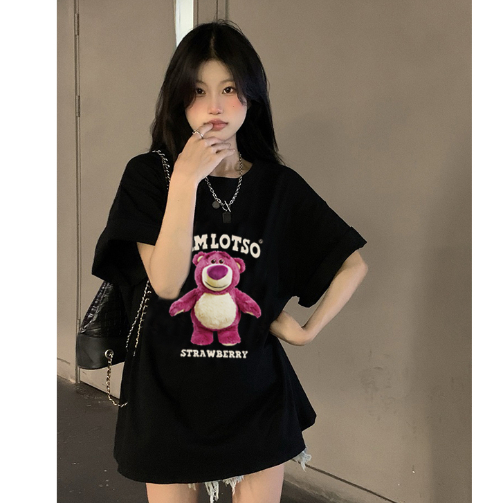 kaos hitam oversize wanita korean style lengan pendek cartoon strawberry bear motif printed kaos couple