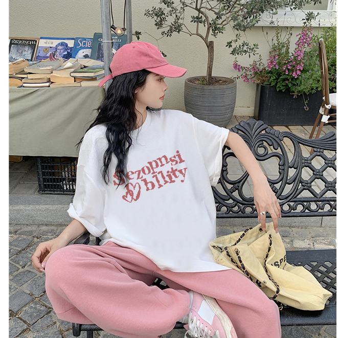 korean style oversize baju kaos wanita lengan pendek pink letter motif kaos puith kekinian import