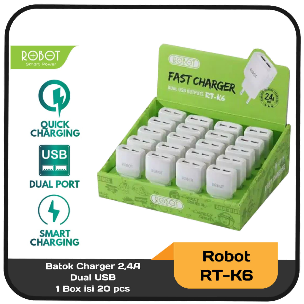 Batok Charger Dual Output 2.4A Robot RT-K6 1 Box isi 20 pcs