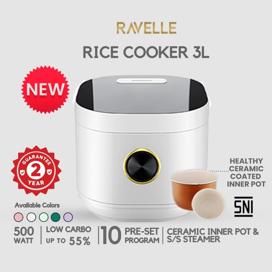 Ravelle Rice Cooker Pearl White 3L - Smart Digital Low Carbo Low Sugar