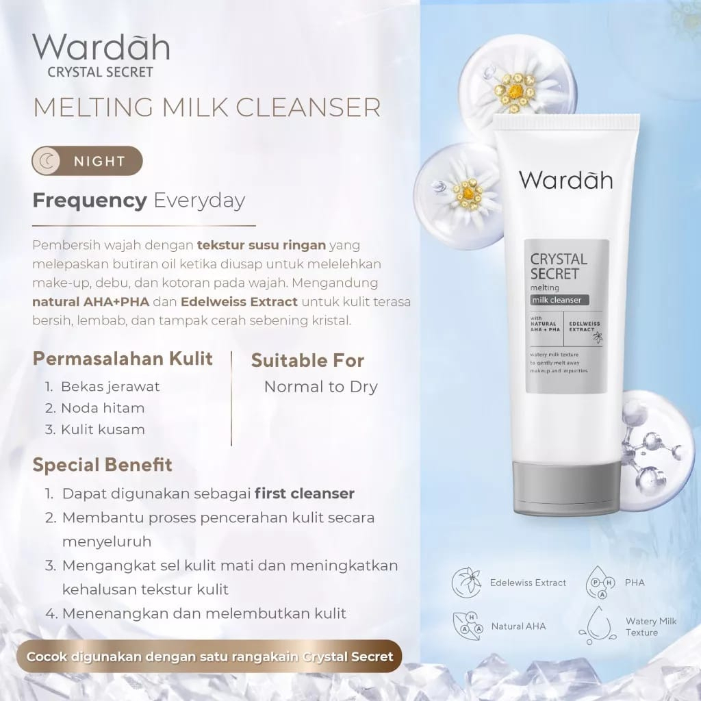 Wardah Crystal White Secret Milk Cleanser / Pure Brightening Cleanser - 100ml / 150ml - Pembersih Wajah Natural AHA+PHA dan Edelweiss Extract - Mencerahkan dan Melembabkan Wajah Wardah