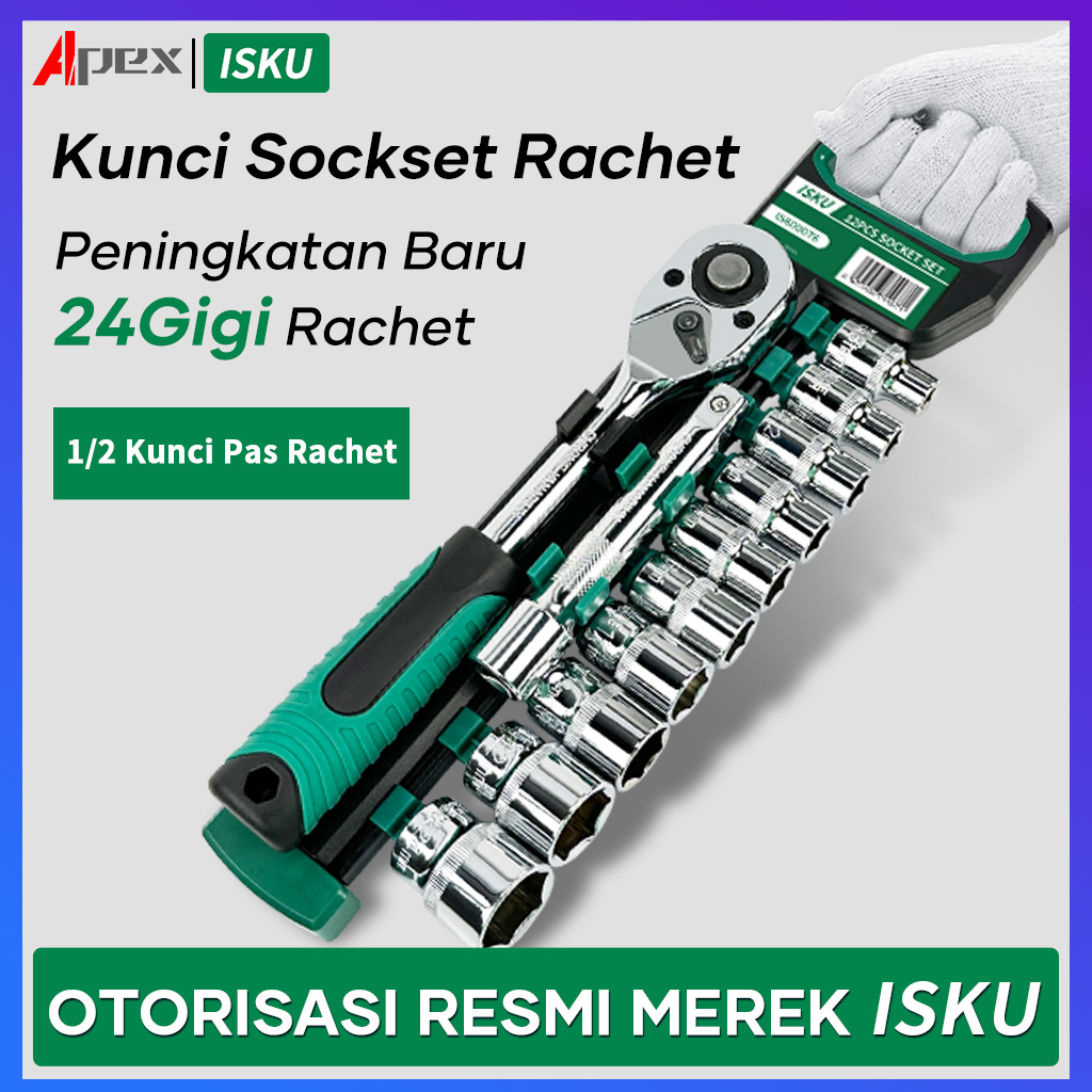 ISKU kunci sok socket set 12 pcs kunci pas ratchet 1/2 inch kunci toris extention bar wrench set bahan chrome vanadium 8-24mm mata sok