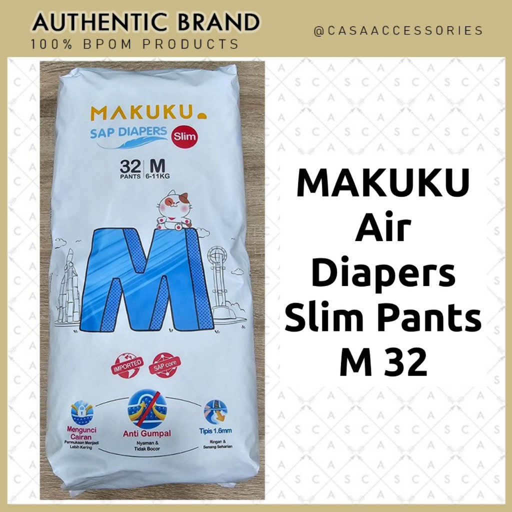 MAKUKU SAP Diapers Slim Pants M32 / Popok Bayi Tipis Extra Dry Anti Gumpal Mengunci Cairan Cepat Kering Type Celana