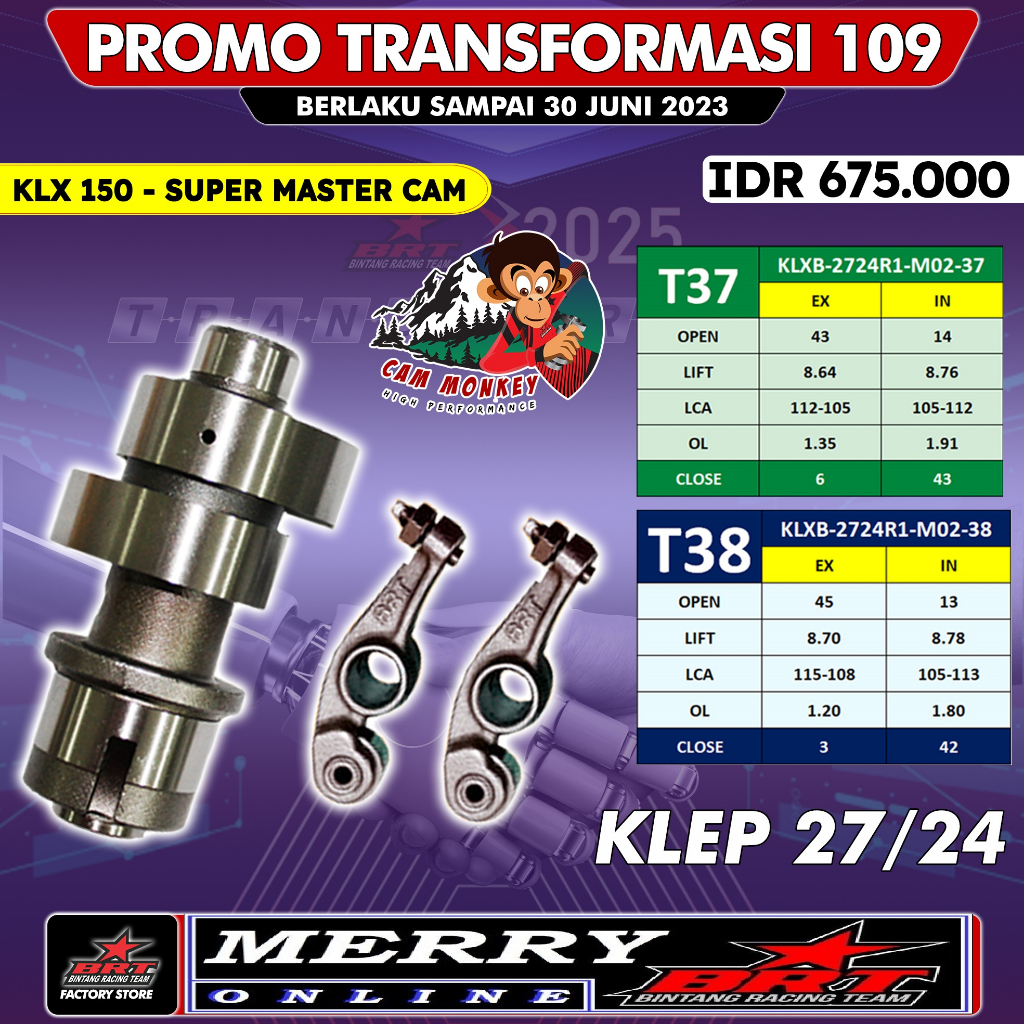 Promo 109 Super Master Cam BRT + RRA Monkey Noken as Pelatuk Roller KLX 150 D-Tracker T37 T38