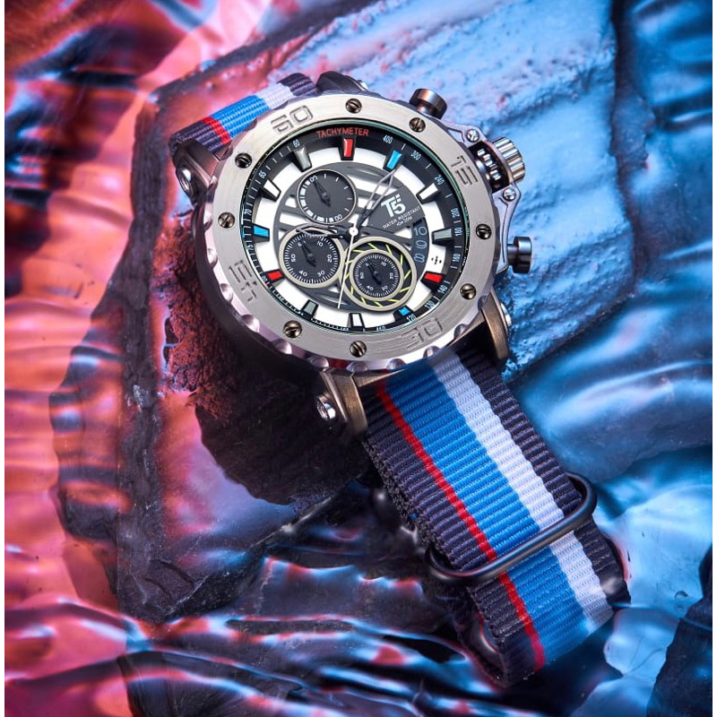 Jam Tangan Pria T5 H 3946G Original Water Resistant Chronograph Stopwatch Tali Kanvas Tanggal Lengka