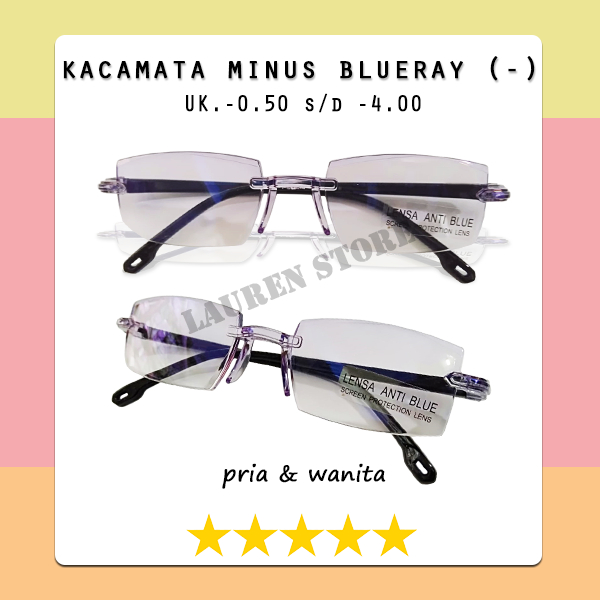 Frame kacamata Minus ukuran -0.50 s/d -4.00 Anti radiasi blueray tv hp laptop komputer frameless rim