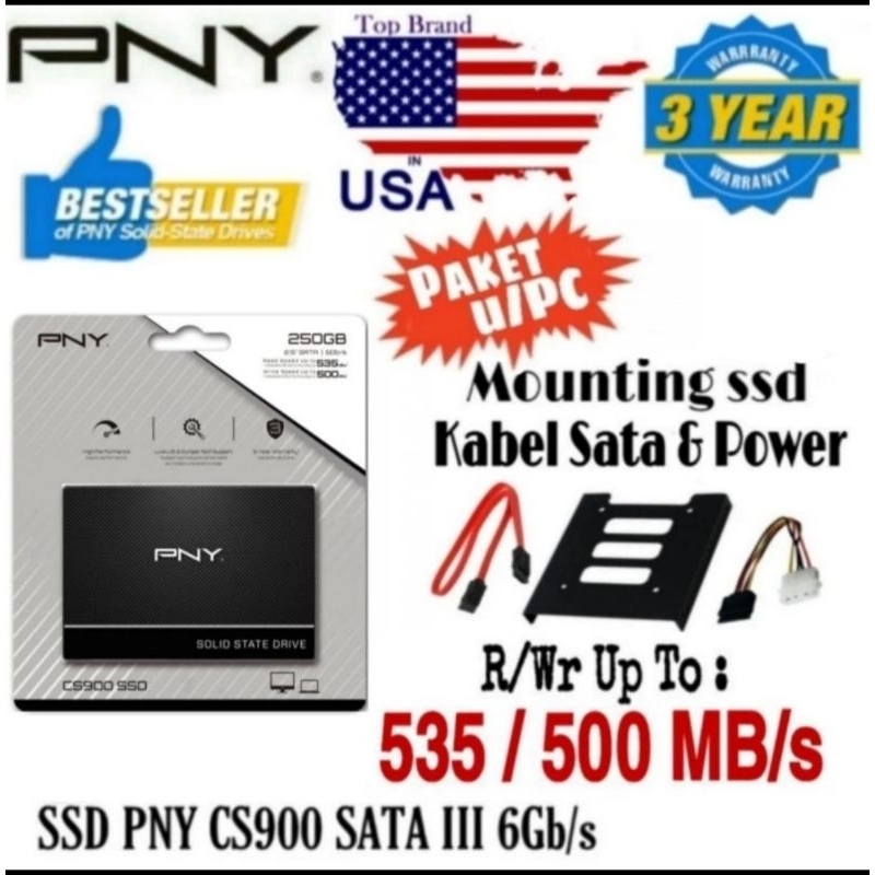 SSD 250GB HighSpeed Internal PNY CS900 2.5&quot;SATA3 240GB +10GB +mounting