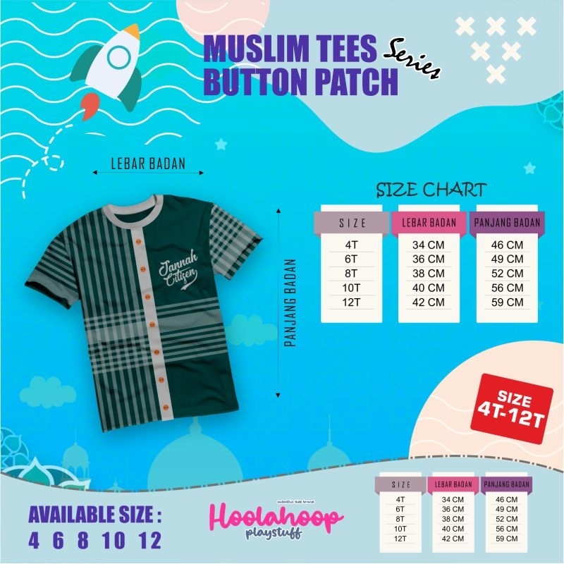 Hoolahoop muslim button patch size 4-13 T kaos muslim hoolahoop