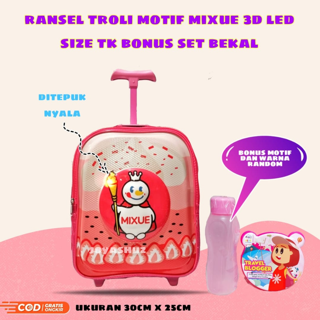 Tas Anak Sekolah - Ransel Troli Anak TK - Tas Koper Gratis Banyak - Ransel Troli Mixue Lucu - Tas Koper 3D Mixue - Tas Anak Perempuan - Mixue 3D Gemas - Joyashuz