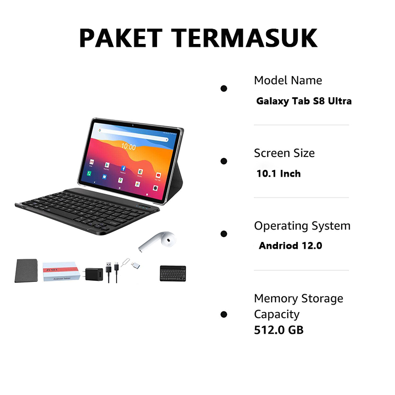 Terbaru 10.1 inch Galaxy Tab S8 Ultra 12GB RAM + 512GB ROM Android Sistem Tab Baru tablet murah Mendukung kartu SIM WiFi Gratis Keyboard + Earphone + Charger + Case Pelindung