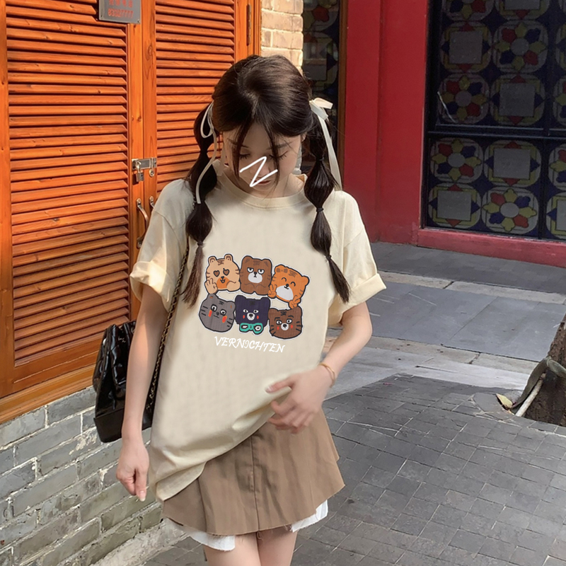 baju oversize kekinian korean style baju kaos wanita lengan pendek cartoon bear motif printed t-shirt import kaos cream