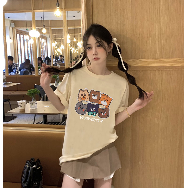 baju oversize kekinian korean style baju kaos wanita lengan pendek cartoon bear motif printed t-shirt import kaos cream