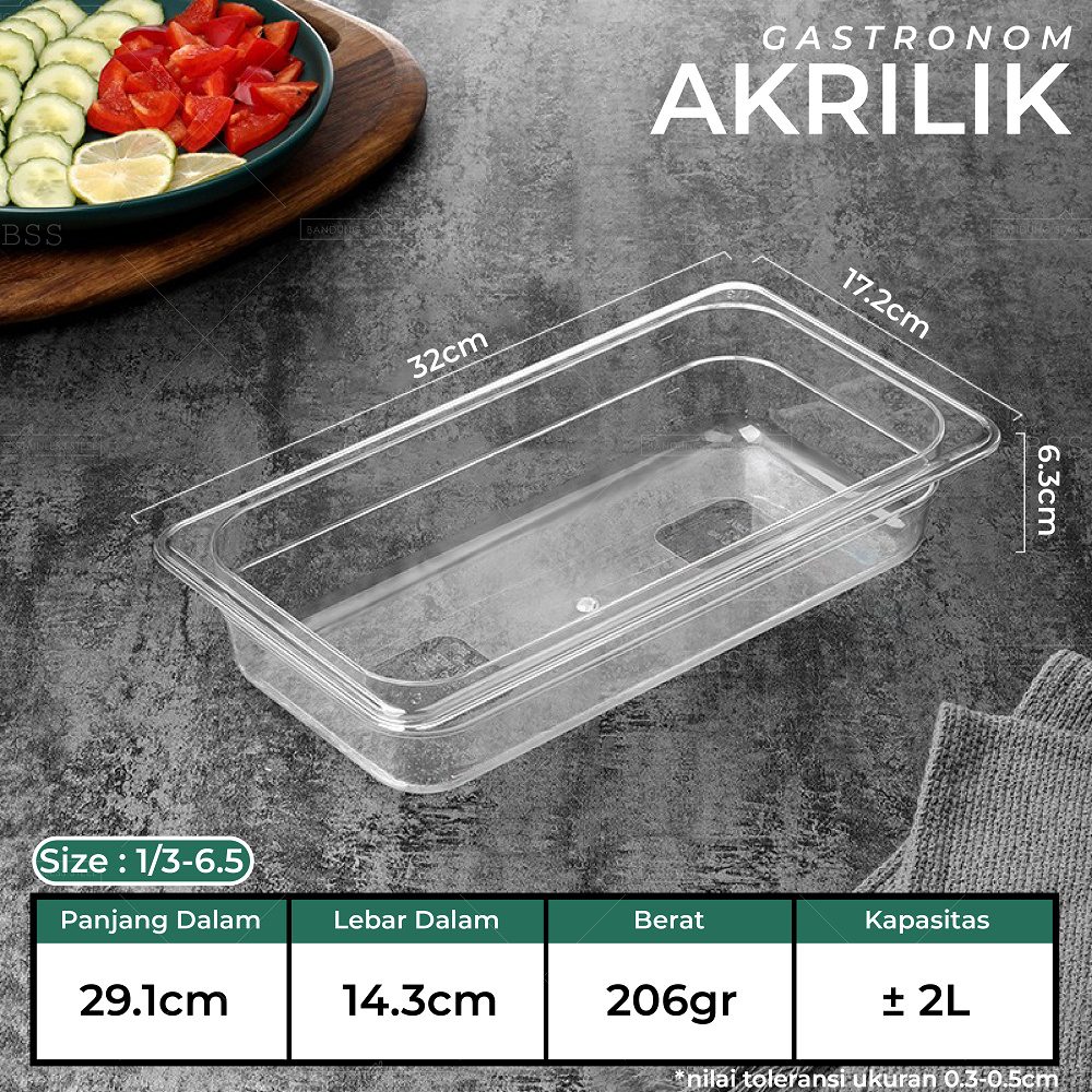 Gastronom Akrilik Food Pan 1/3/6 Kedalaman 6.5cm Wadah Penyimpanan Sayur Buah Daging Makanan Tempat Saji Prasmanan Multifungsi