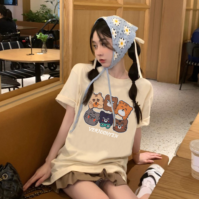 baju oversize kekinian korean style baju kaos wanita lengan pendek cartoon bear motif printed t-shirt import kaos cream