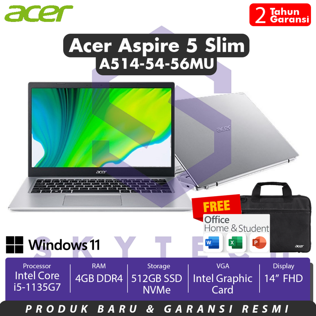 LAPTOP ACER ASPIRE A514 54 56MU INTEL CORE i5 1135G7 RAM 4GB SSD 512GB FREE WINDOWS 11 + OFFICE 2021