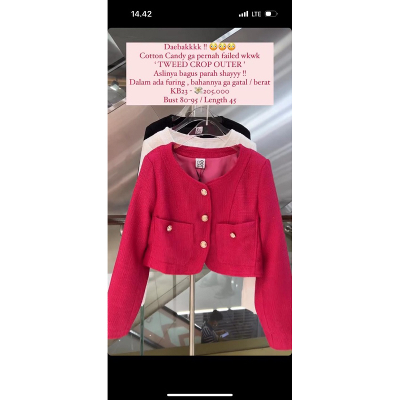 COTTON CANDY CROP BLAZER TWEED SHOCKING PINK TERMURAH