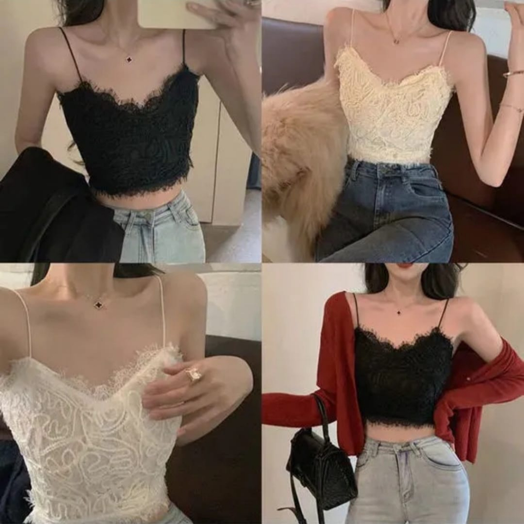 TF Bra BH Bruket Sexy Tanktop Crop Korean Lace Vintage Wanita Motif Bunga Retro Gaya Korea