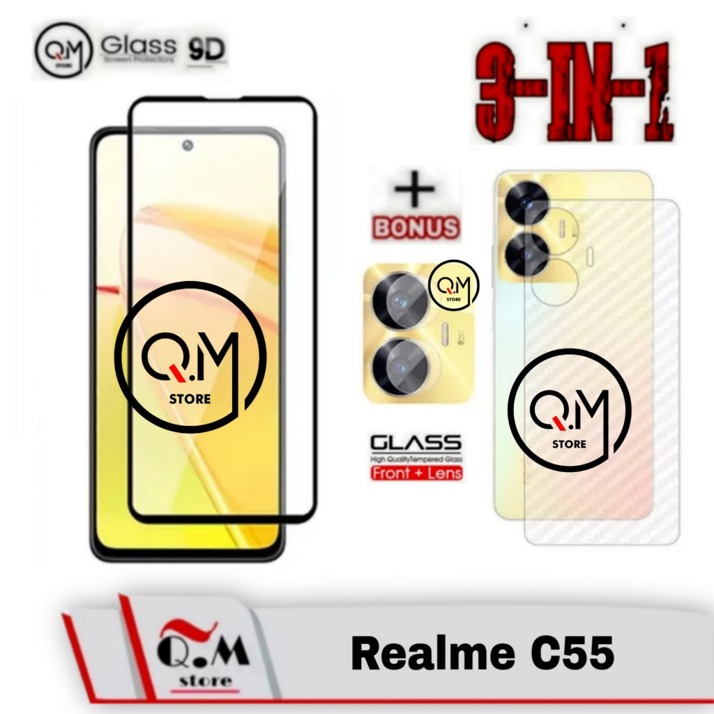 Paket 3 IN1 Tempered Glass 9D Realme C55 Anti Gores Pelindung Layar Handphone Aksesoris