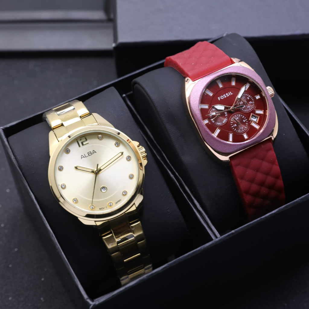 BUY 1 GET 1 Jam Tangan Wanita Alba Tanggal Aktif Plus FS Rubber Tanggal Aktif Free Box Kancing