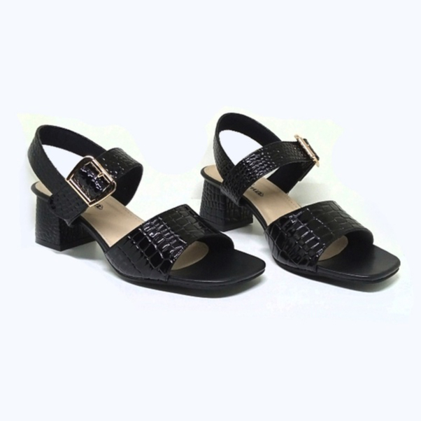 Sandal Wanita Hak tahu 5 cm Ukuran Besar Kaki Jumbo BIG SIZE 41 42 43 44 45 sendal Heels cewek casual pesta formal - Sendal Heel Tali kulit hitam Croco Gesper