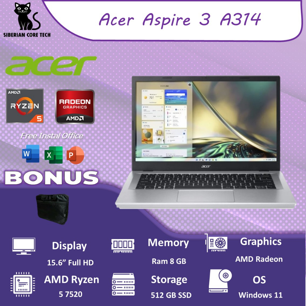 LAPTOP ACER ASPIRE 3 A314 RYZEN 5 7520U 8GB 512SSD VEGA7 W11PRE