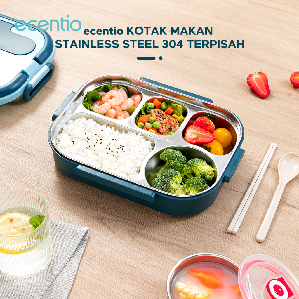ecentio &amp; FOODI  lunch box stainless 5 sekat 304 anti tumpah 1000ml food grade microwavable dan 200ml mangkok sup/free sedotan