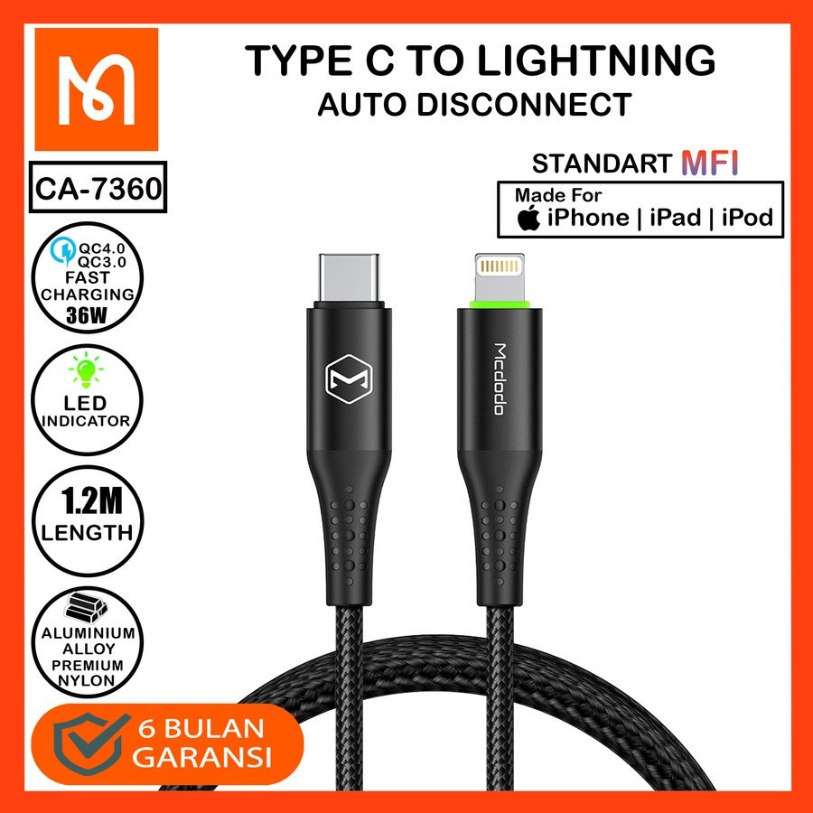 Mcdodo Cable Type C To Lightning iPhone Auto Off Disconnect CA-7360