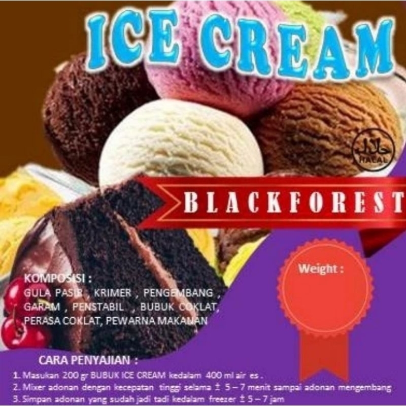 

Bubuk Ice Cream / Bubuk Es Krim Blackforest 1kg / Bubuk Ice Cream Murah Batavia / Bubuk Soft Ice Cream / Bubuk Hard Ice Cream Batavia / Bahan Ice Cream Batavia