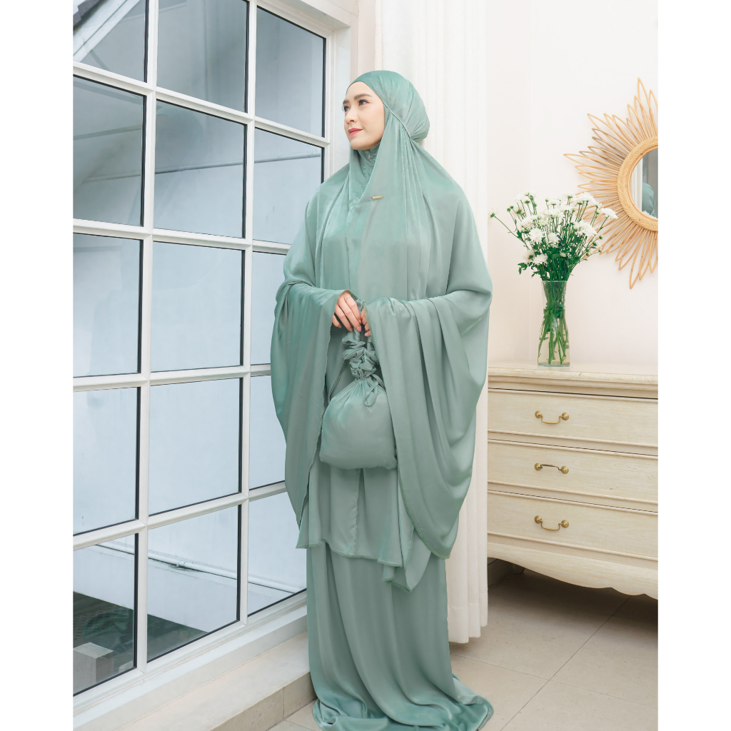 Nour Praying Set - 6 Warna | Zysku Xena | Mukena Silk Polos Crochet Renda Sleting Dagu dengan Pouch