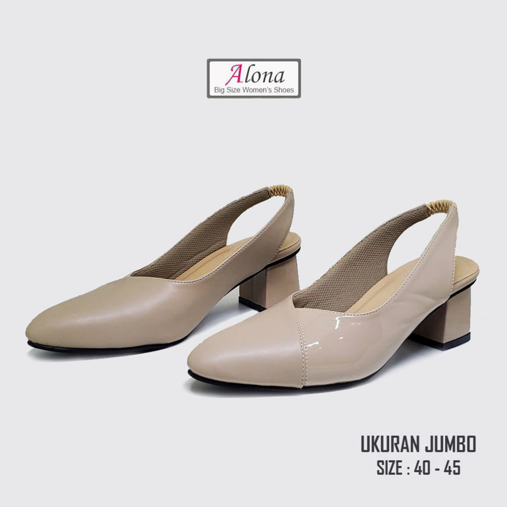 Heels Mules Cream | Sepatu Sandal Wanita (Ukuran Kaki Besar Jumbo) Heel Bustong Pesta Formal Tali Belakang Karet