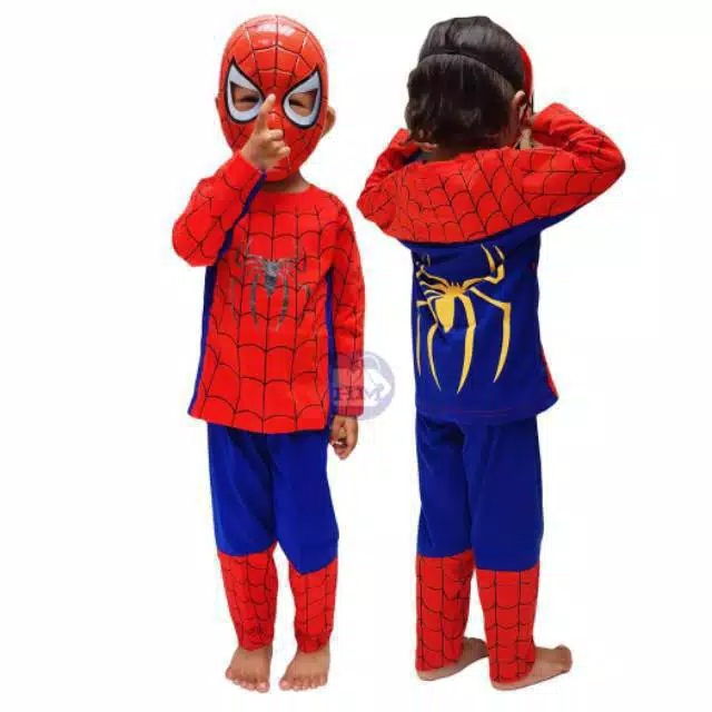 Baju kostum setelan spiderman free topeng dan sarung tangan untuk anak 2-10 tahun