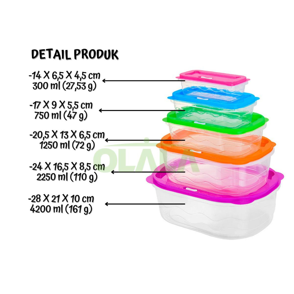 5IN1 KOTAK PENYIMPANAN MAKANAN SET FOOD STORAGE BOX SET MODEL WARNA-WARNI OLL-GJ5061-5 / OLL-GJ5062-5 / OLL-GJ5063-5