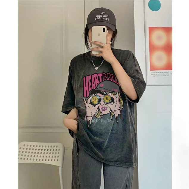 kaos oversize wanita import lengan pendek retro cartoon character graffiti print T-shirt kekinian washed