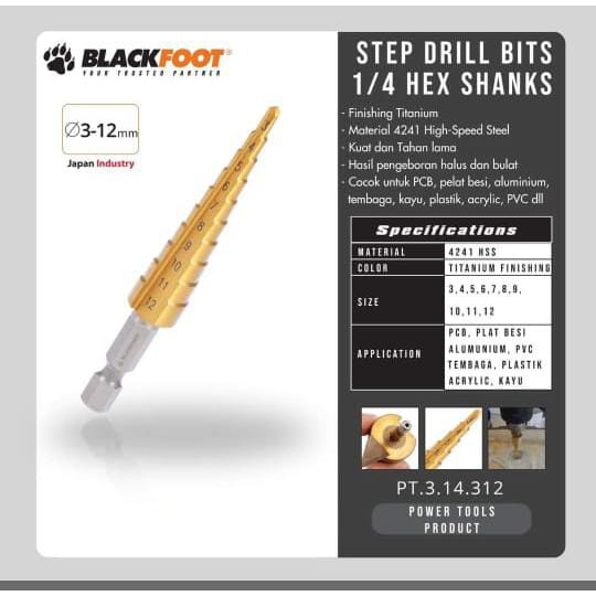 BLACKFOOT - MATA BOR PAGODA-STEP DRILL BITS ¼ HEX SHANKS