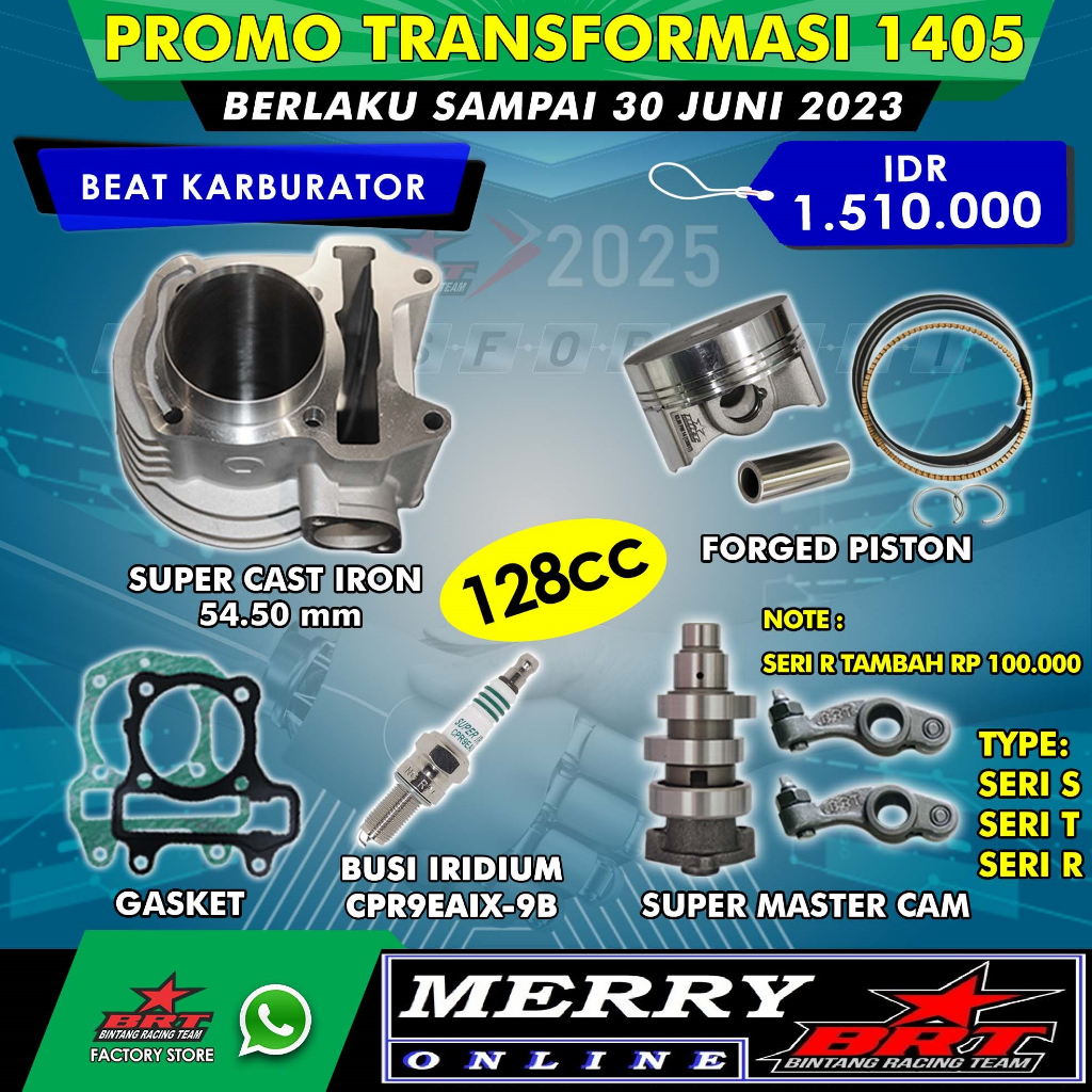 Promo 1405 Bore Up  BRT Beat Karbu Karburator 128cc Blok seher Noken as Pelatuk Roller Piston 54.5mm