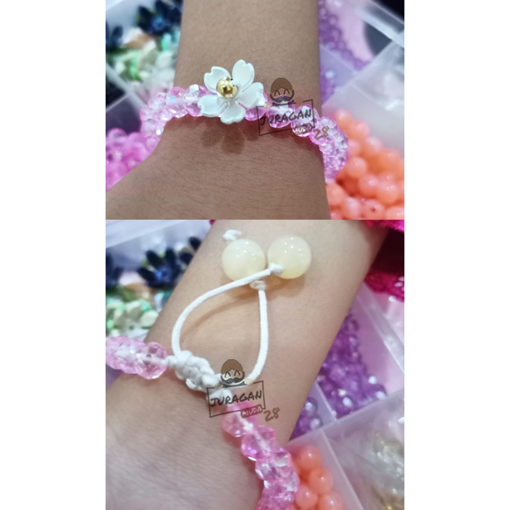 Gelang Tali Cristal Ceko Bunga 1 Liontin Emas Asli karat 10k