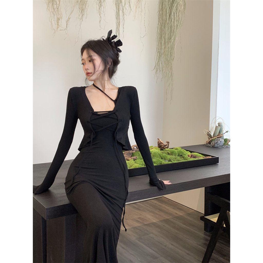 HIGH SENSE OF TEMPERAMENT TEA BREAK FRENCH PURE WANT TO SPICE GIRL HALTER DRESS SEXY WAIST LONG TAIL SKIRT