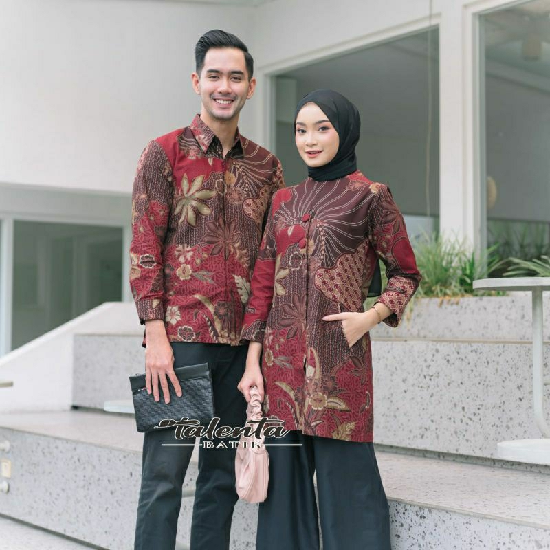 Batik pasangan couple sarimbit pria &amp; wanita batik ekslusif bahan katun lapis furing size reguler daun maron